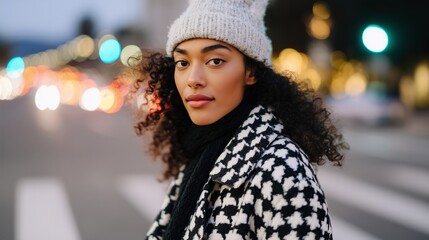 Slim mixed ethnicity woman in long checkered coat and knit hat stands confidently on city street, illuminated by colorful bokeh lights, showcasing urban fashion and style