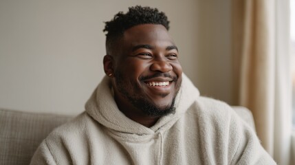 Fototapeta premium Plus size black man seated on a neutral-toned sofa, wearing a cozy hoodie, smiling warmly, creating a relaxed and inviting atmosphere in a softly lit room