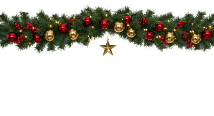lavish photorealistic christmas garland arch header of dense fir and pine branches, red baubles, golden star, and subtle led lights, isolated on a transparent background with ample copy space concept