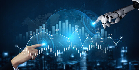 A human hand interacts with a robotic hand over a glowing digital data visualization, representing the fusion of technology and human effort in data analysis and decision-making. Scalp