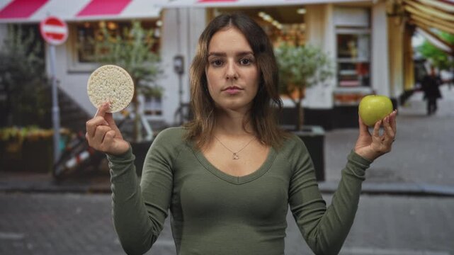 Woman holds green apple and rice cake in each hand on street with neutral expression; healthy choice contemplation.