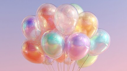 Transparent balloon bunch in pastel colors, realistic sheen reflection, celebration and party concept, isolated for event designs, birthday invitation compositions, happiness mood.