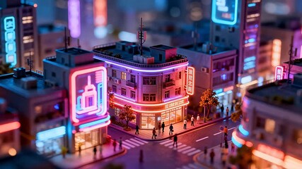 Miniature cityscape with neon lights