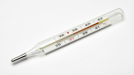 Close-up of a medical thermometer displaying a high temperature reading against a white background