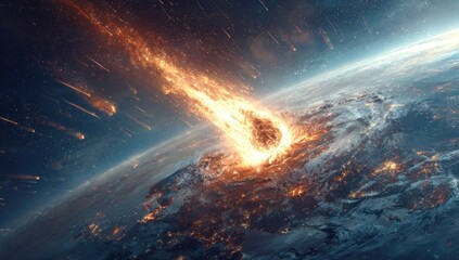 A fiery celestial body hurtles towards a planet, leaving a burning trail as it descends. Impact nears, with other celestial objects falling
