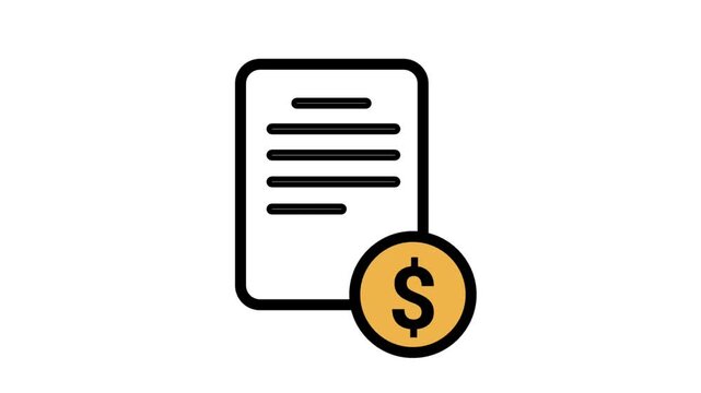 Animated document with a dollar coin icon. Use for invoice, financial reports, billing statement, or tax documentation graphic.