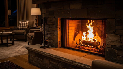 Roaring Fireplace in a Luxurious Winter Lodge