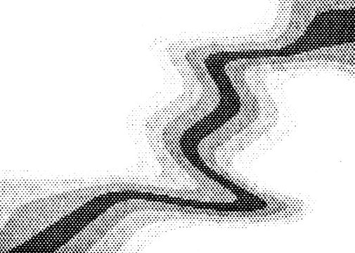 Extreme macro of printed halftone dots forming a bold curved line with sharp corners and soft tonal halo. Black and white PNG cutout on transparent background for overlays and design.