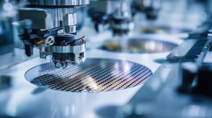 Automated semiconductor manufacturing equipment processing a silicon wafer industrial process precision machinery, advanced technology, and reflective microchip surface under controlled conditions.