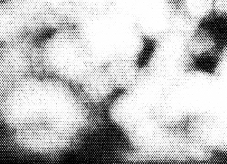 PNG with alpha transparency: black halftone dots forming irregular ink blotches and soft smudged shapes. Grunge raster overlay for distress effects, masking, compositing, and print textures.