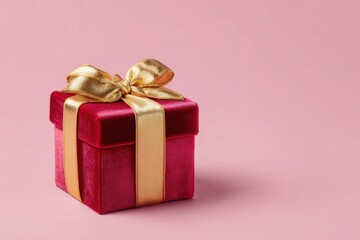Fototapeta premium Red gift box with gold ribbon on a pink background, symbolizing celebration and surprise.