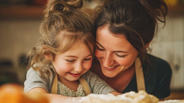 Smiling mother and daughter bonding while baking together in a cozy kitchen. - Powered by Adobe