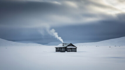 Solitary Rustic Cabin in a Snowy Winter Landscape