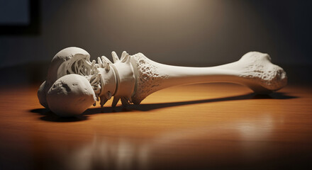 3d printed bone model lying on wooden table under dim light