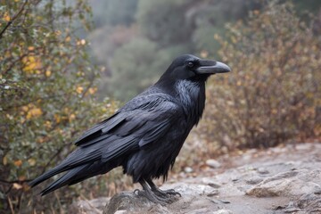Majestic common raven in natural habitat during autumn.