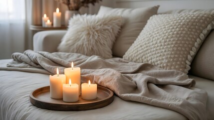 Neutral winter interior with candles and blankets