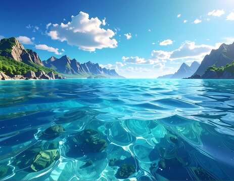 Clear, turquoise ocean with rocky seabed, mountains, and blue sky - Powered by Adobe