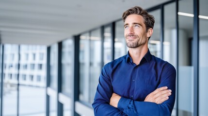 Thoughtful young trade manager business specialist man in his early 30s standing with arms crossed in office corridor, looking away. Male corporate professional employee posing indoors. Banner