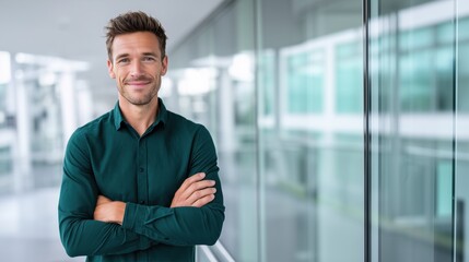 Confident young student, trade manager or businessman standing with arms crossed in office corridor, looking at camera. Male corporate employee or business professional posing indoors. Banner