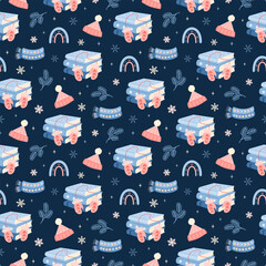 Cozy winter seamless pattern with books, warm clothes elements, rainbow, snowflakes and branches. Christmas bookish background, Book lover print, Holiday reading, Pastel bookstore graphic.