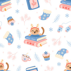 Cozy winter seamless pattern with books, cat, mug, sock, cupcake and branches. Christmas bookish background, Book lover print, Holiday reading, Pastel bookstore graphic.