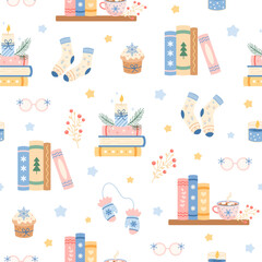 Cozy winter books seamless repeat pattern. Christmas bookish background, Book lover print, Holiday reading, Pastel bookstore graphic.