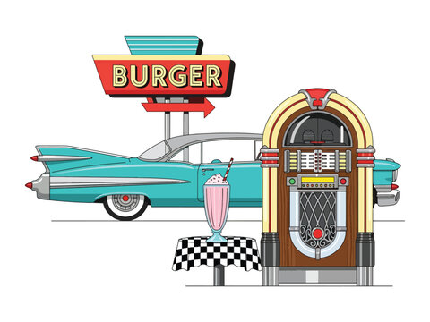 Vintage diner scene with burger sign, milkshake, and jukebox