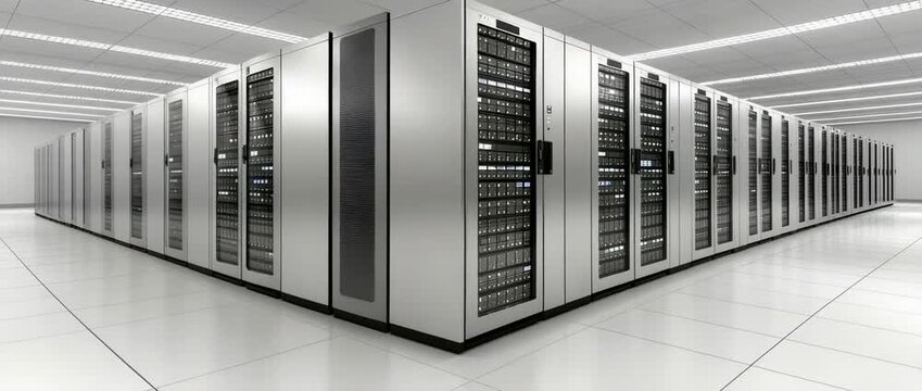 Modern Data Center Server Room with Rows of High Tech IT Equipment