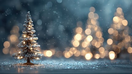 Winter wonderland with a Christmas tree adorned with glowing lights against a blurred backdrop