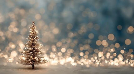 A luminous Christmas tree, adorned with twinkling lights, sparkles in a soft, dreamy ambiance. The tree stands against a bokeh-filled backdrop, creating a festive atmosphere.