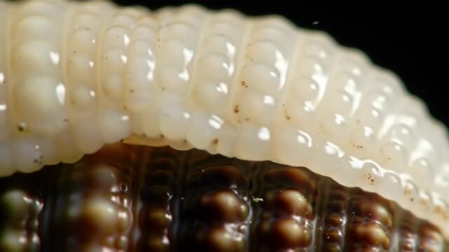 Close-up macro view of insect larva details, showing segments in nature, with a black background, suitable for science articles