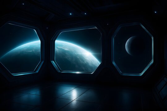 Futuristic sci fi window looking onto glowing blue planet horizon
