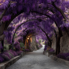 Mystical purple forest tunnel pathway with glowing lights and fantasy atmosphere
