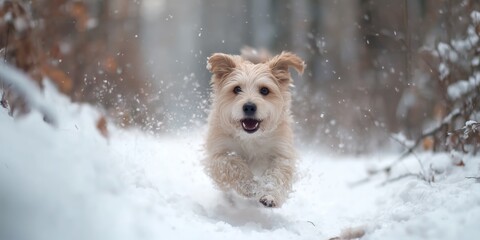 Obraz premium Dog runs joyfully through snow in forest during winter day