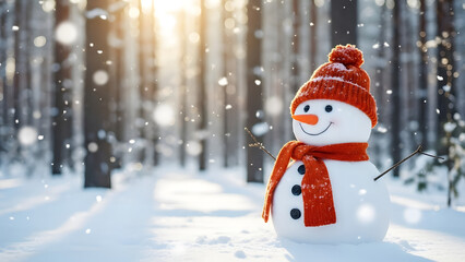 A cheerful snowman wearing an orange hat and scarf stands in a snowy forest with snowflakes falling around it