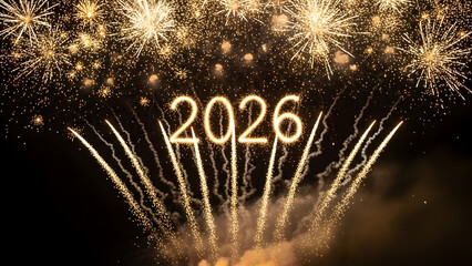A vibrant fireworks display illuminates the night sky with the year 2026 written in sparkling golden letters