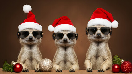 Three meerkats wearing sunglasses and Santa hats sitting with Christmas ornaments on a brown surface with a brown background