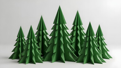 A group of green paper Christmas trees on a white background for holiday decoration or craft inspiration