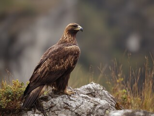 Majestic golden eagle posing on rocky mountain landscape.