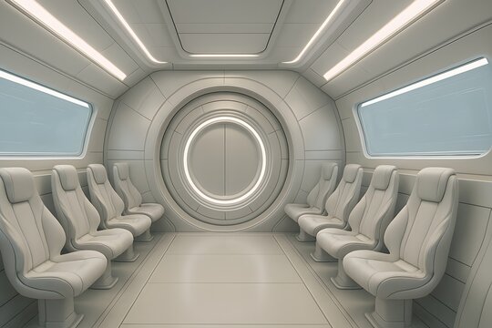 Futuristic spaceship passenger cabin with seats and circular airlock door
