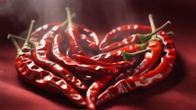 Heart-shaped arrangement of vibrant red chili peppers with subtle steam rising, symbolizing love and spice