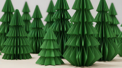A collection of intricately crafted origami Christmas trees in various sizes stands on a plain surface against a neutral background.