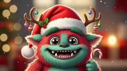 A cheerful red and green monster wearing a Santa hat and holding a candy cane in a festive holiday setting with decorations