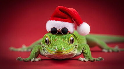 A green lizard wearing a Santa hat and sunglasses lies on a red surface looking directly at the camera with a festive holiday expression