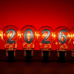 A creative light bulb display showing the year 2026 with glowing filaments against a dark red background for a futuristic concept
