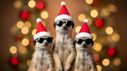 Three meerkats wearing Santa hats and sunglasses stand in front of a Christmas tree with colorful lights in the background