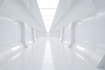 Fototapeta premium Long bright white futuristic corridor leading to glowing light in distance