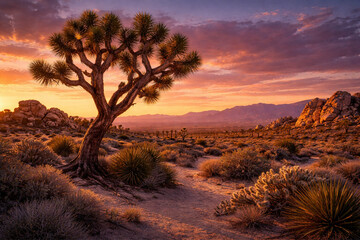Majestic Joshua Tree bathed in the warm, golden hues of a desert sunset, painting the arid landscape with vibrant colors and long shadows