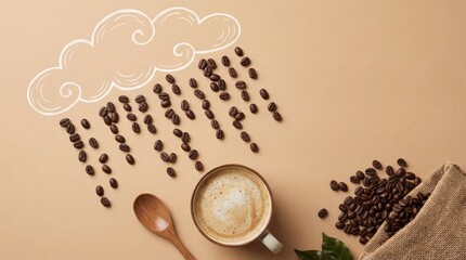 Coffee beans arranged as rain falling from drawn cloud into latte cup on beige