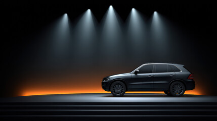 Fototapeta premium A sleek black SUV stands illuminated on a stage under bright spotlights, its elegant design showcased in a dramatic presentation against a dark backdrop stage.